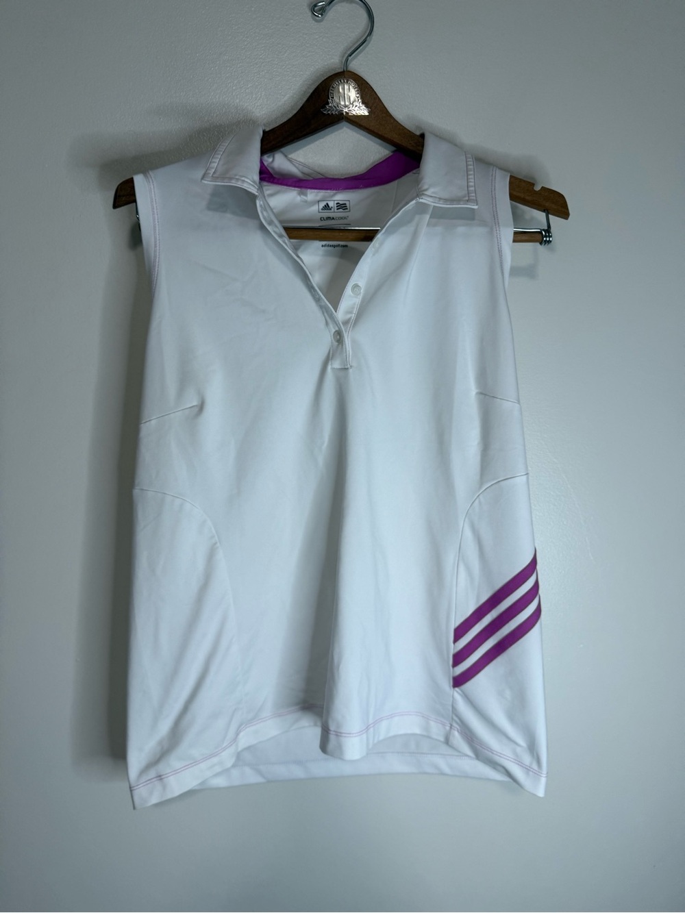 Adidas Women’s White Sleeveless Polo with Purple Accent clima cool in size large